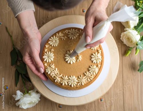 Top View Of Hands Decorating A Light Brown Cake With White Icing Using A Piping Bag And Star Tip On A Wooden Table With White Roses