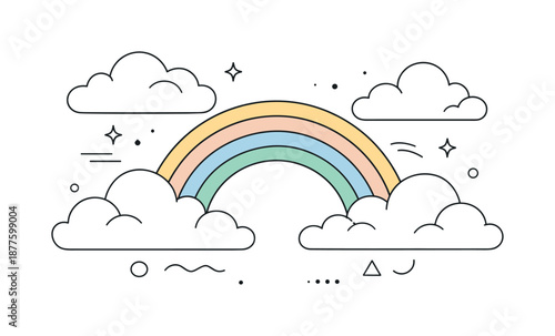 Dreamy Rainbow Illustration. Rainbows and clouds. Calm editorial-style illustration with clouds framing a soft rainbow, light and dreamy atmosphere. Abstract
