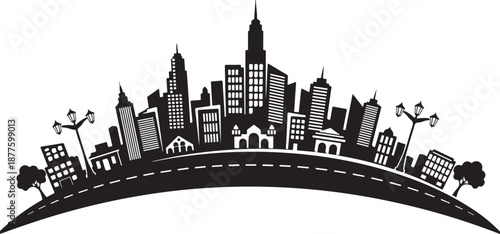 City Skyline Silhouette with Road and Streetlights at Night