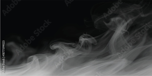 Smooth blue smoke waves swirl in an abstract flowing motion against a black background to create a mysterious design of light and steam