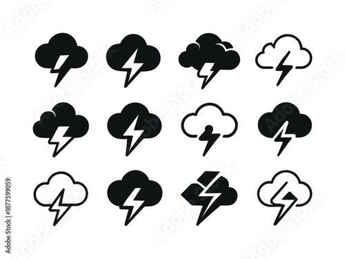 Storm Cloud Icon Set. stormy clouds. Icon set. Set Logo of stormy clouds: lightning bolt. harmonious logo variations of the same emblematic concept, each with