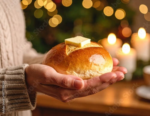 Warm Golden Bread Roll with Melting Butter Held in Hands with Festive Christmas Lights and Candles in Soft Bokeh Background