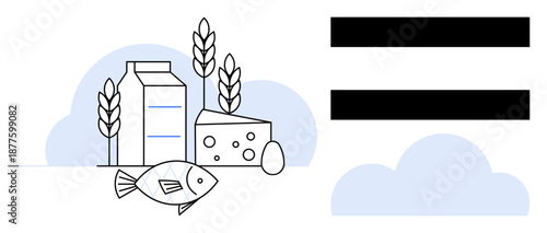 Milk carton, cheese block, fish, egg, and wheat stalks illustrating protein and nutrition. Ideal for health, diet, wellness sustainable eating farming food sources education. Simple flat metaphor
