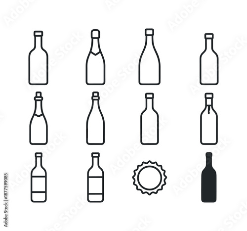 Wine Bottle Icons. Wine bottles. Line icon set of Wine bottles: standard bottle, sparkling bottle, magnum bottle, mini bottle, aged bottle, corked bottle,