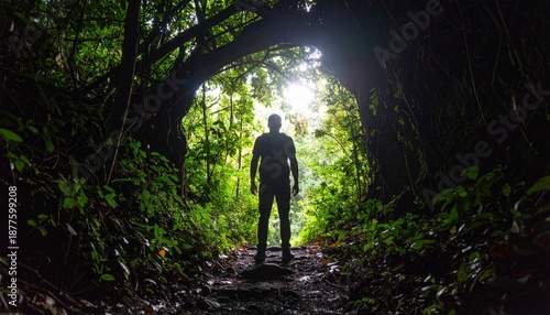 Silhouette of a Man Standing in a Lush Green Forest Tunnel at Dawn Sunlight Breaking Through Dense Foliage