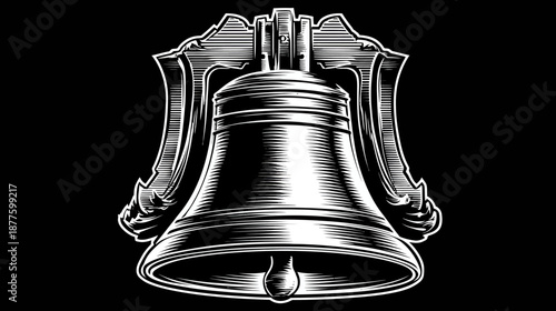 Intricate illustration of a bell with ornate detailing on a black background. Graphic, symmetrical