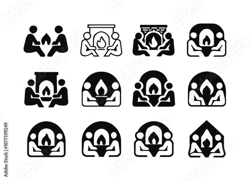 Fireplace Logo Icons. People enjoying a warm fire in the fireplace. Icon set. Set Logo of people enjoying a warm fire in the fireplace: group by hearth.