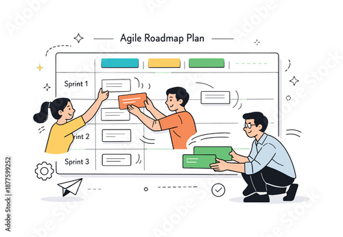 Agile Roadmap Collaboration. Agile roadmap planning. Team adjusting roadmap cards and sprint blocks, reflecting flexibility and iteration. Friendly teamwork