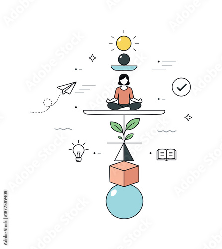 Balanced Growth Illustration. Balance and growth. A calm editorial scene with abstract elements balanced on a central axis, symbolizing stability and personal
