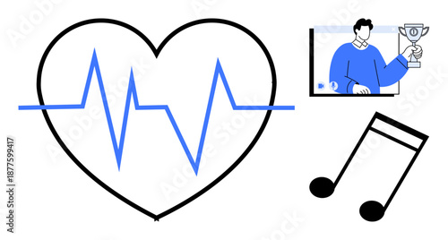 Heartbeat line within a heart shape, music note icon, and figure holding a trophy displayed on a screen. Ideal for health, music, victory, wellness, success mindset, motivation entertainment