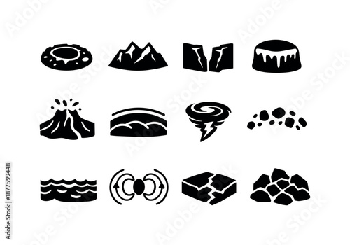 Planetary Icons Grid. Planetary features. Solid icon set of planetary features: crater, mountain ridge, canyon, ice cap, lava flow, atmosphere layer, storm