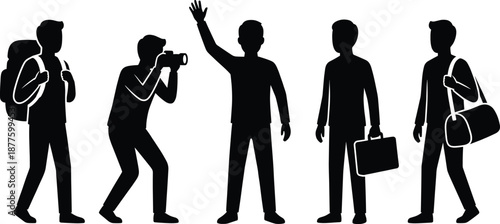 People silhouettes showing traveler photographer business man greeting walking with bags isolated activities lifestyle black vector illustration design set collection