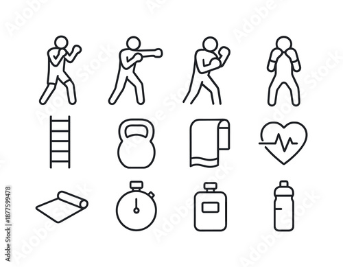 Boxing Workout Icons. Boxing fitness workouts. Line icon set of boxing fitness workouts: boxer stance pose, straight punch icon, hook punch icon, uppercut