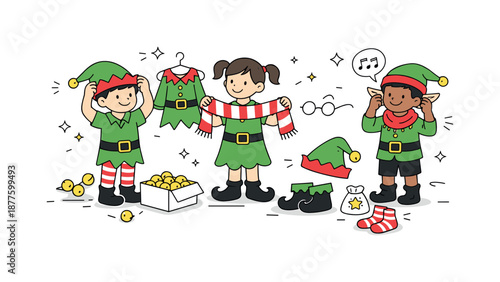 Festive Elf Dress-Up. Children dressing as elves creativity. Children choosing accessories like bells and scarves for elf outfits. Imagination and festive