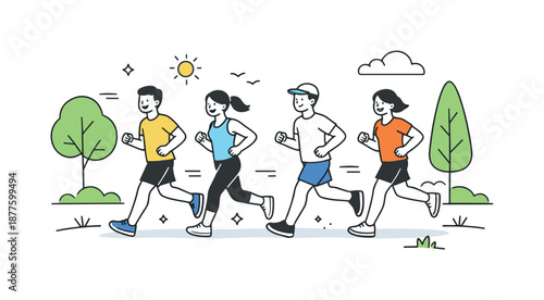 Casual Outdoor Runners. Running group outdoors. Casual runners passing trees and simple landscape elements, fresh air and relaxed fitness routine. Minimalist