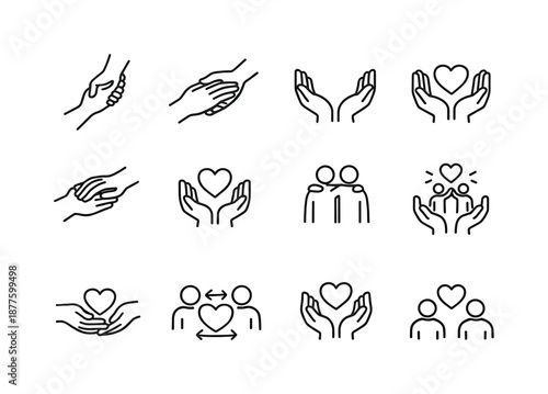 Kindness Icon Set. Kindness & Compassion. Line icon set of Kindness & Compassion: helping hand, supportive gesture, open palms, heart in hands, gentle support,