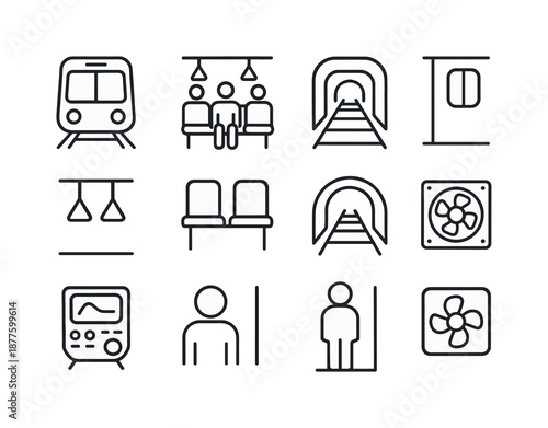 Subway Line Icons. A subway train moving through underground tunnels, with passengers inside. Line icon set of A subway train moving through underground