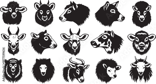Collection of various animal heads in black and white