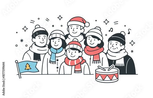 Winter Parade Gathering. People at holiday parade crowd. People standing together with scarves and hats, looking forward. Cozy winter mood and calm festive