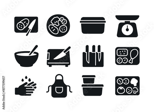 Meal Prep Icons. Meal preparation. Solid icon set of meal preparation: sliced veggies, prepped ingredients, storage container, measuring scale, mixing bowl,