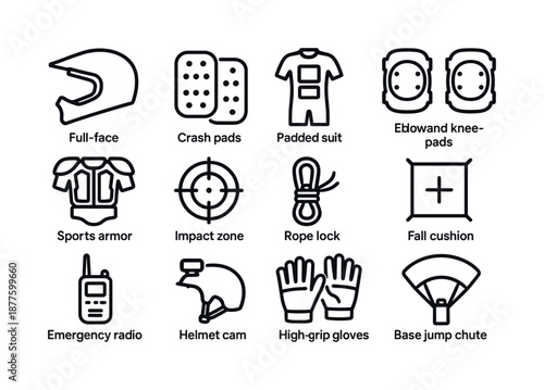 Extreme Sports Gear Icons. Extreme sports protection. Line icon set of Extreme sports protection: full-face helmet, crash pads, padded suit, elbow and knee