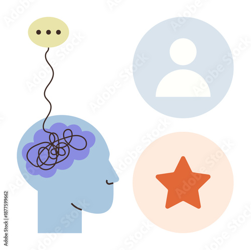 Mental health, self-discovery, personal growth, communication, decision-making, cognitive processes. Tangled brain with speech bubble and icons. Mental health and self-discovery concept