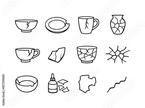 Broken Ceramics Icons. Broken ceramics. Line icon set of Broken ceramics: cracked bowl, chipped plate, fractured mug, shattered vase, broken teacup, ceramic