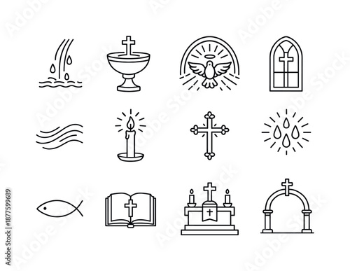 Christian Baptism Icons. Christian baptism. Line icon set of christian baptism: water stream, baptismal font cross, holy dove arc, sanctuary window, flowing