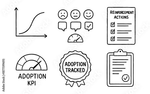 Hand-drawn business growth and adoption kpi icons for tracking and feedback