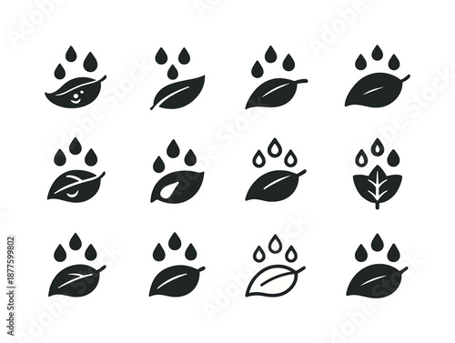 Rainy Day Icons. Rainy Day. Icon set. Set Logo of Rainy Day: wet leaf. harmonious logo variations of the same emblematic concept, each with different artistic