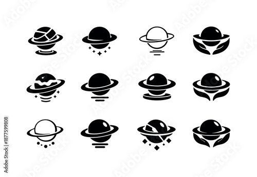 Weightlessness Icon Set. Weightlessness. Icon set. Set Logo of weightlessness: levitating planet. harmonious logo variations of the same emblematic concept,