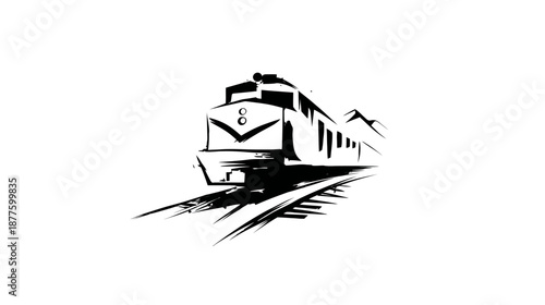 Stylized, monochromatic illustration of a train on tracks, with a mountain range in the background