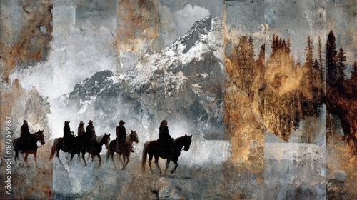 Wanderers in the Wilderness: A group of horse riders traverse a rugged landscape with towering mountains, evoking a sense of adventure and the vastness of the natural world.