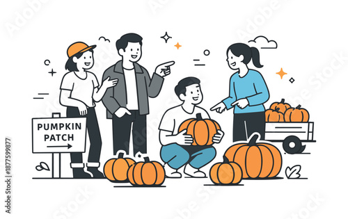 Pumpkin Patch Gathering. Pumpkin patch social outing. Group chatting and pointing at pumpkins, friendly communication and lighthearted decision making.