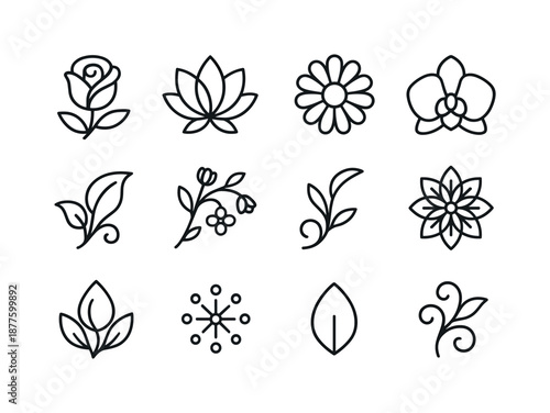 Floral Line Icon Set. Graphic design trends nature inspired design example. Line icon set of floral linework: rose contour, lotus bloom, daisy petal, orchid