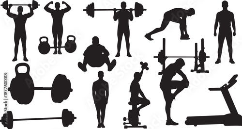 Fitness Silhouettes with Various Exercise Equipment and People Working Out
