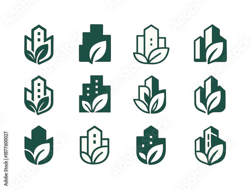 Smart City Logos. smart city developments. Icon set. Set Logo of smart city developments: eco-friendly smart building with leaf. harmonious logo variations of
