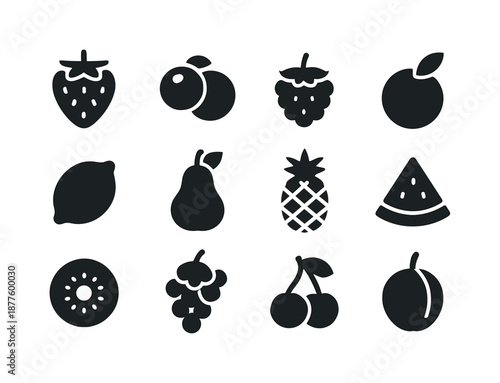 Black Fruit Icons. Fruits. Solid icon set of Fruits: strawberry, blueberry, raspberry, orange, lemon, pear, pineapple, watermelon slice, kiwi, grape bunch,