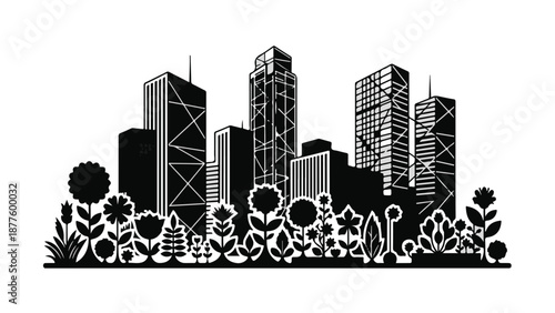 Lush urban garden thrives below a modern city skyline silhouette