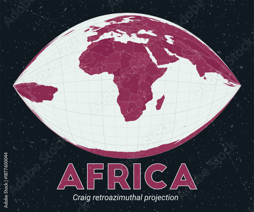 Africa. World map. Craig retroazimuthal projection centered to Africa. Pale Mint Dark Pink palette. Vintage texture. Classic vector illustration.