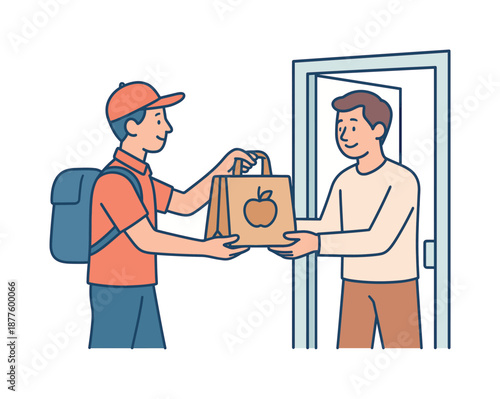 Food Delivery Moment. Food delivery. A delivery person handing a paper bag with food to a customer at the door. A simple interaction showing convenience and