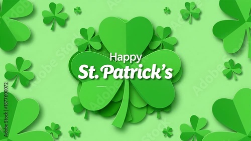 St. Patrick's Day holiday greeting illustration with layered green shamrocks and clover designs on a vibrant background.