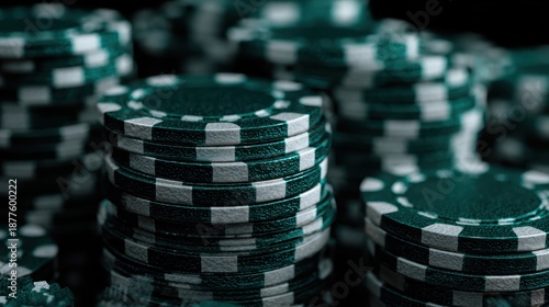 Stack of Green Casino Chips: An up-close view reveals a meticulously arranged stack of casino chips, their vibrant green and white design creating a captivating display of wealth.