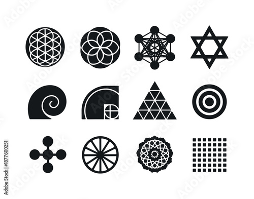 Sacred Geometry Icons. Sacred geometry. Solid icon set of sacred geometry: flower of life, seed of life, metatron cube, hexagon star, spiral form, golden ratio