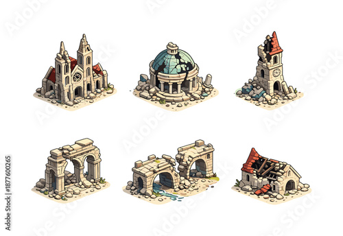 Ruined Architecture Icons. Ruined architecture. Isometric flat vector icons set of ruined architecture: crumbling cathedral, shattered dome, broken tower,