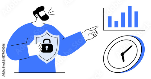 Cybersecurity, data protection, time tracking, secure access, project management, business analytics. A person holding a security shield pointing to a graph and clock. Cybersecurity and time tracking
