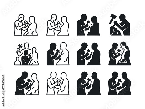 Sculptor Logo Variations. Sculptors shaping their creations. Icon set. Set Logo of Sculptors shaping their creations: sculptor?s hammer & chisel tools.