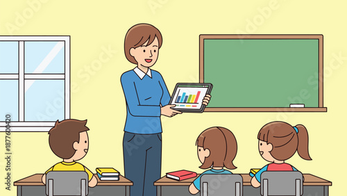Teacher stands in a classroom holding a tablet and presenting to her young students seated at desks.