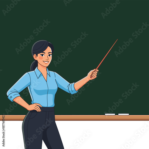 Smiling female teacher standing confidently in front of an empty chalkboard