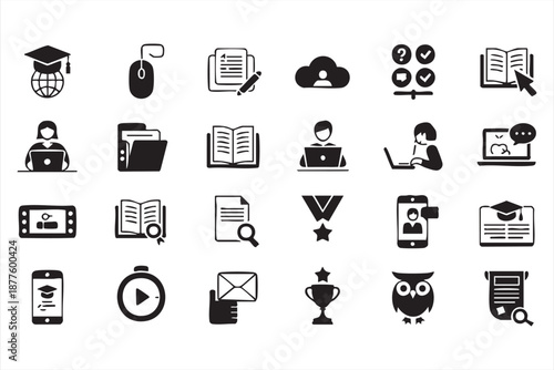 Online education app interface symbols for training, homework and research